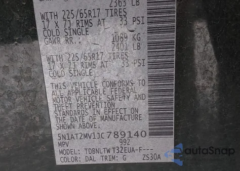 2018 Nissan Rogue Sv from USA, damaged, VIN 5N1AT2MV1JC789140